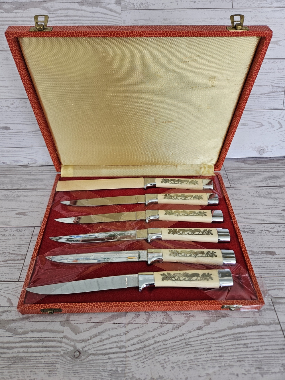 Ivory Handle Decorative Steak Knife Set in Red Presentation Case Vintage